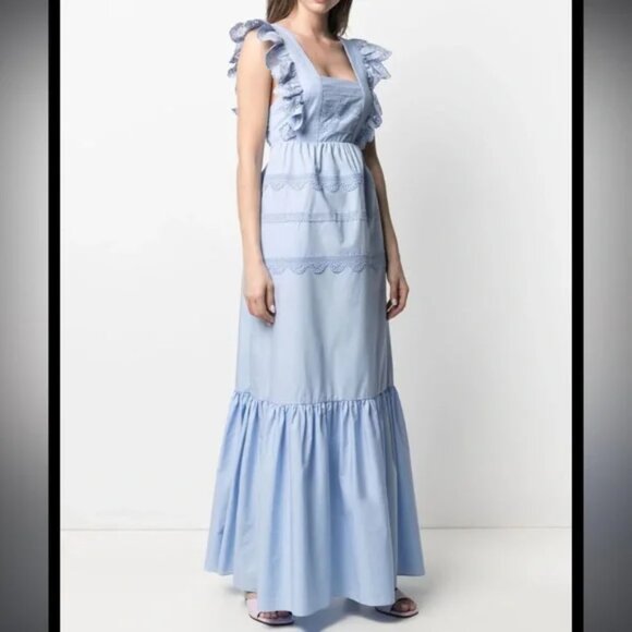 Self-Portrait Broderie Anglaise Blue Lace-Trimmed Ruffle Poplin Maxi Dress - Picture 1 of 16